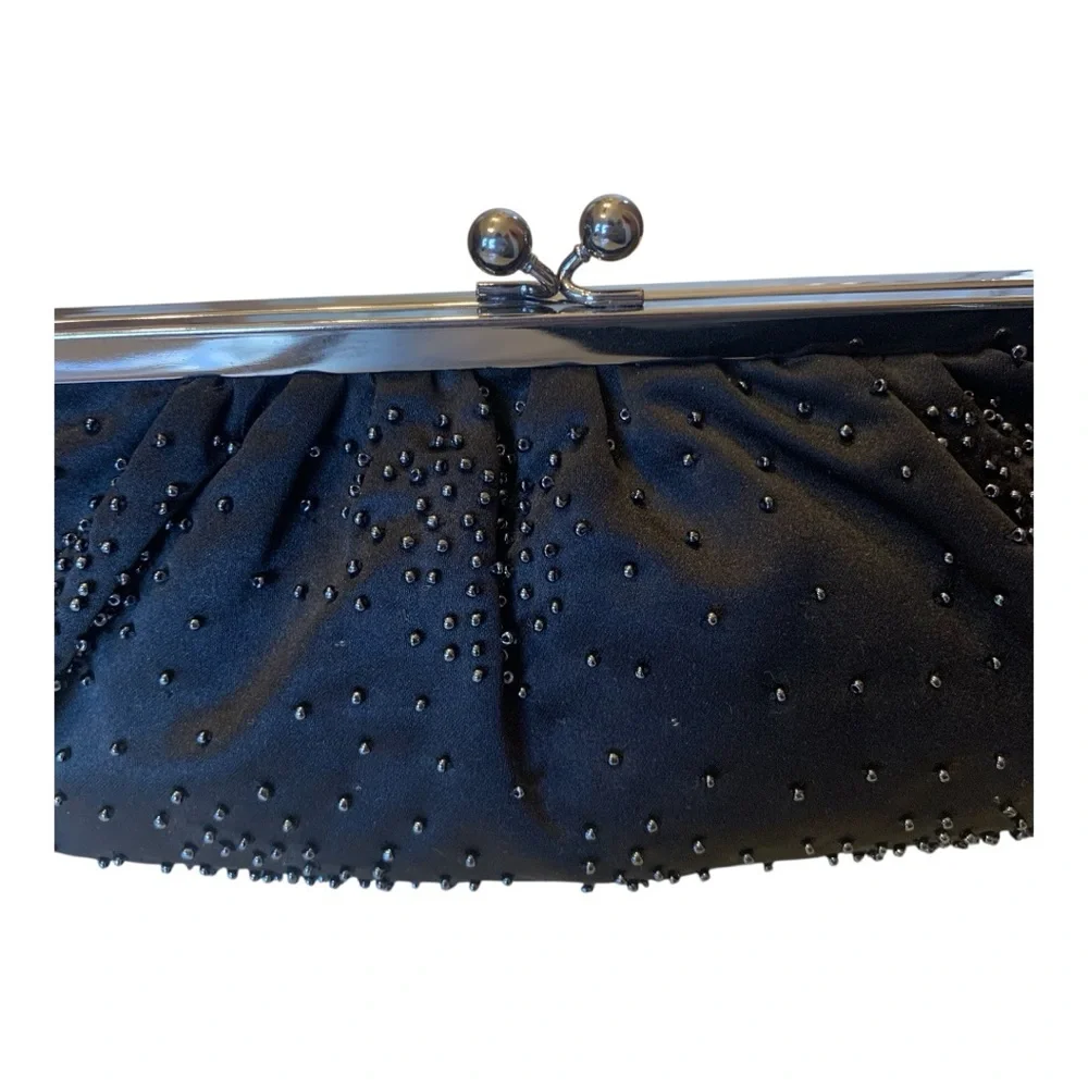 Vintage Express Black‎ Satin Beaded Snap Ball Closure Clutch Purse